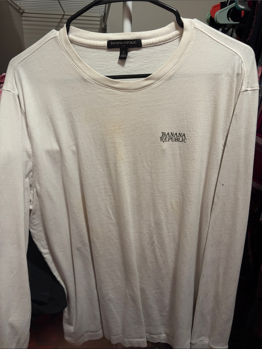 Banana Republic Men’s Long-Sleeve Crewneck Shirt - Off-White with Small Logo